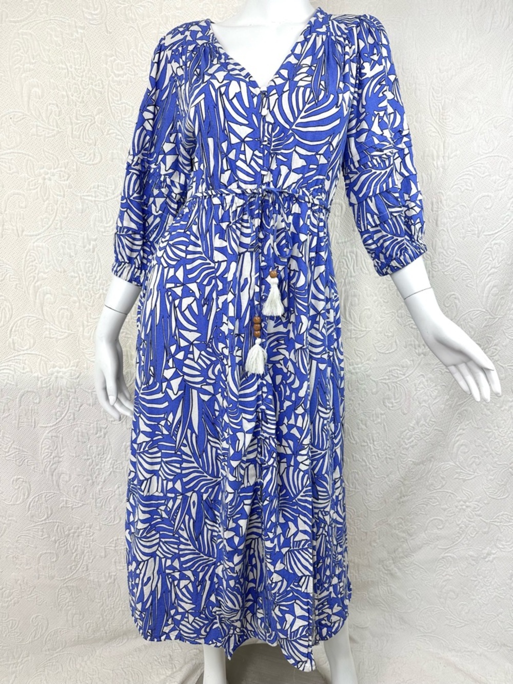 Suncoo Paris Chafia Blue Leaf Print Midi Dress with Elastic & Tie Waist